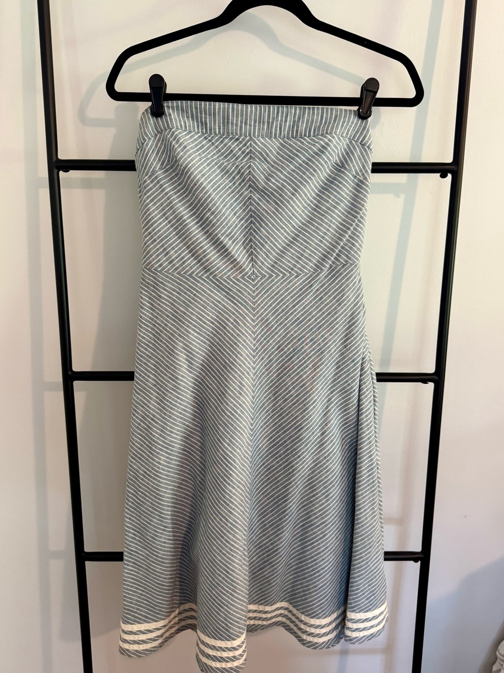 AE Cotton A-Line Strapless Dress in Light Blue and White Nautical Stripes